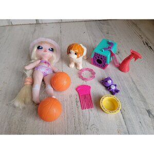 Blonde girl doll dog pet carrier accessory toy set comb bear